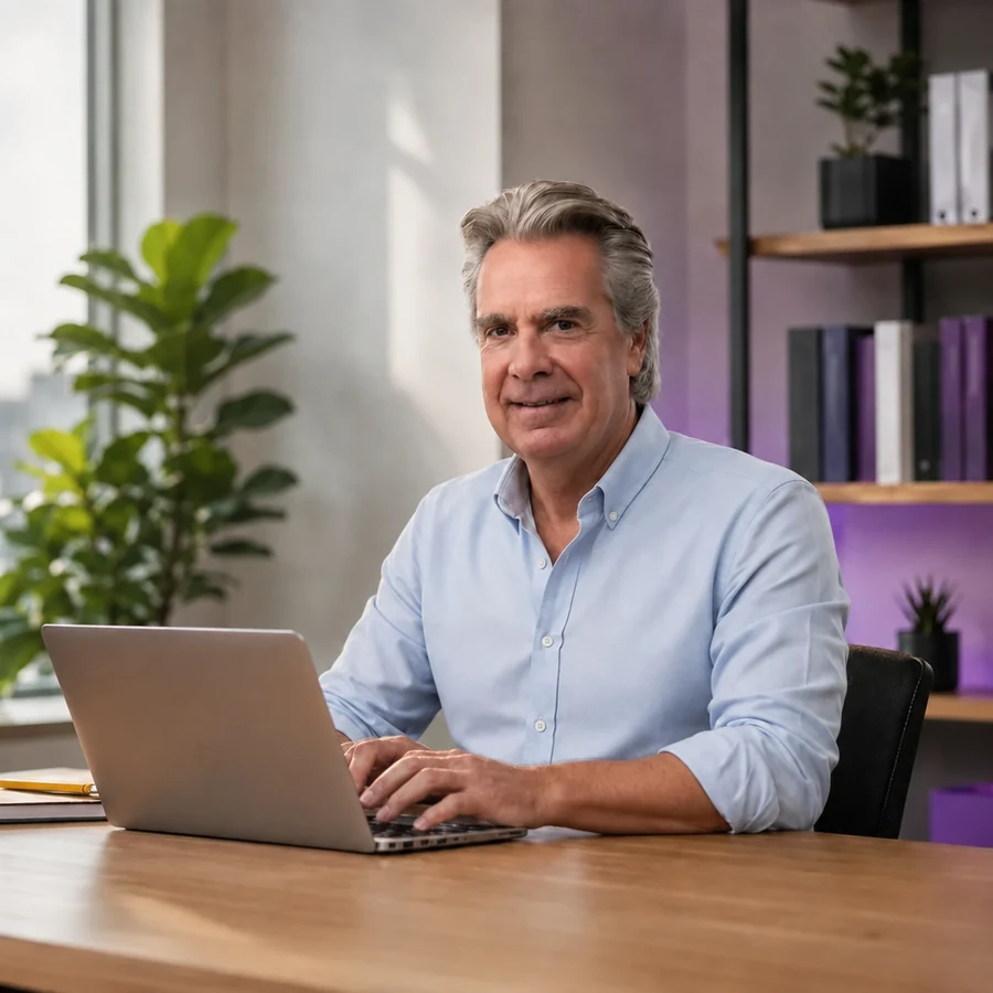 Hans Blancke, oprichter van AlgaRank, achter zijn laptop